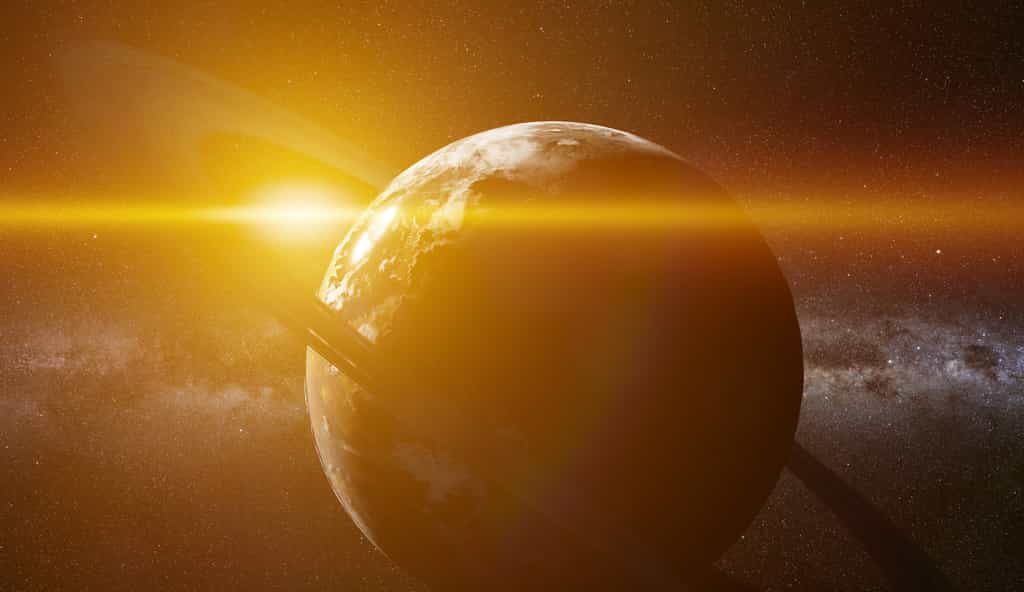 Illustration d'une exoplanète avec des anneaux. © dottedyeti, Adobe Stock