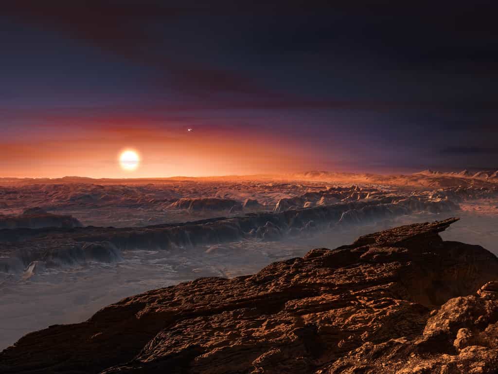 Une vue d'artiste d'une exoplanète rocheuse désertique autour d'une naine rouge. © ESO M. Kornmesser