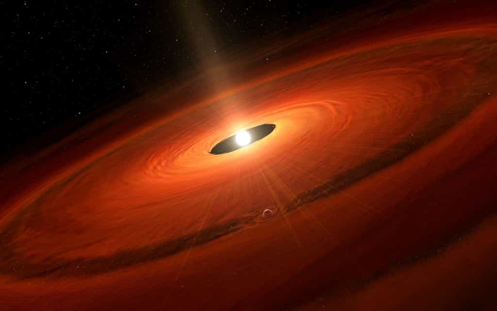 Une vue d'artiste d'un disque protoplanétaire autour d'un jeune soleil. Une exoplanète géante a creusé son sillon dans ce disque riche en gaz et poussière en accrétant ces matières. © NAOJ