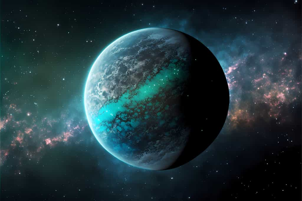 Illustration d'une exoplanète avec un océan d'eau liquide. © Ferenc, Adobe Stock (image générée avec IA)