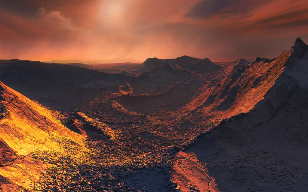 Vue d'artiste de la surface de l'exoplanète découverte en 2018 autour de l'étoile de Barnard. © ESO