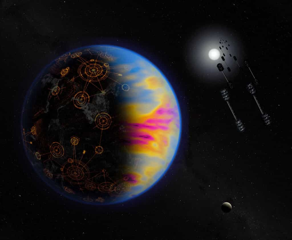 Image conceptuelle d'une exoplanète abritant une civilisation extraterrestre avancée. Les structures de droite sont des panneaux solaires en orbite qui captent la lumière de l'étoile mère et la convertissent en électricité qui est ensuite transmise à la surface par micro-ondes. L'exoplanète de gauche illustre d'autres technosignatures potentielles : les lumières de la ville (structures circulaires lumineuses) du côté nuit et les nuages ​​multicolores du côté jour qui représentent diverses formes de pollution, comme le dioxyde d'azote provenant de la combustion de combustibles fossiles ou les chlorofluorocarbures utilisés dans la réfrigération. © Nasa, Jay Freidlander