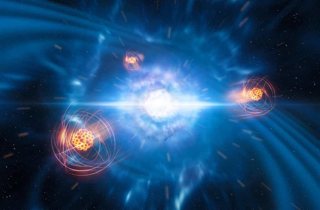 Sur cette vue d’artiste figurent deux étoiles à neutrons de faibles dimensions mais de densités élevées sur le point de fusionner et d’exploser en kilonova. À l’avant-plan figure une représentation du strontium nouvellement créé. © ESO, L. Calçada, M. Kornmesser
