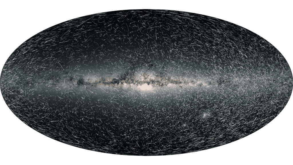 Cette image est extraite de la vidéo principale de l'article de Futura présentant initialement les positions actuelles dans le ciel pour 40.000 étoiles à moins de 100 parsecs (326 années-lumière) du Soleil vues par Gaia. Les points indiquent également la luminosité des étoiles. Les images suivantes montrent des traînées qui indiquent comment les étoiles changent de position sur le ciel à des intervalles de temps de 80.000 ans dans le futur pendant 1,6 million d'années. L'animation montre en fait les traînées d'étoiles seulement sur&nbsp;400.000&nbsp;ans dans le futur. © ESA/Gaia/DPAC, CC by-sa 3.0 IGO