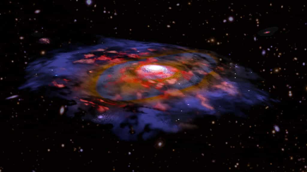Vue d’artiste d’une galaxie distante, riche en poussières et en rotation. La couleur rouge représente le gaz, le bleu et le brun la poussière telle qu’observée en ondes radio avec Alma. De nombreuses autres galaxies sont visibles en arrière-plan, d'après les données optiques du VLT et de Subaru. © CNRS, B. Saxton NRAO/AUI/NSF, ESO, NASA/STScI; NAOJ/Subaru  