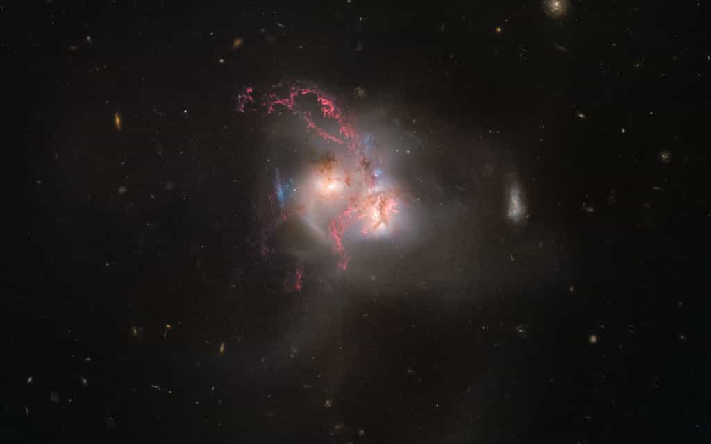 NGC 5256, deux galaxies en collision à 350 millions d’années-lumière. Photo dévoilée le 24 avril 2008, à l’occasion du 18e anniversaire d’Hubble. © Nasa, ESA, Hubble