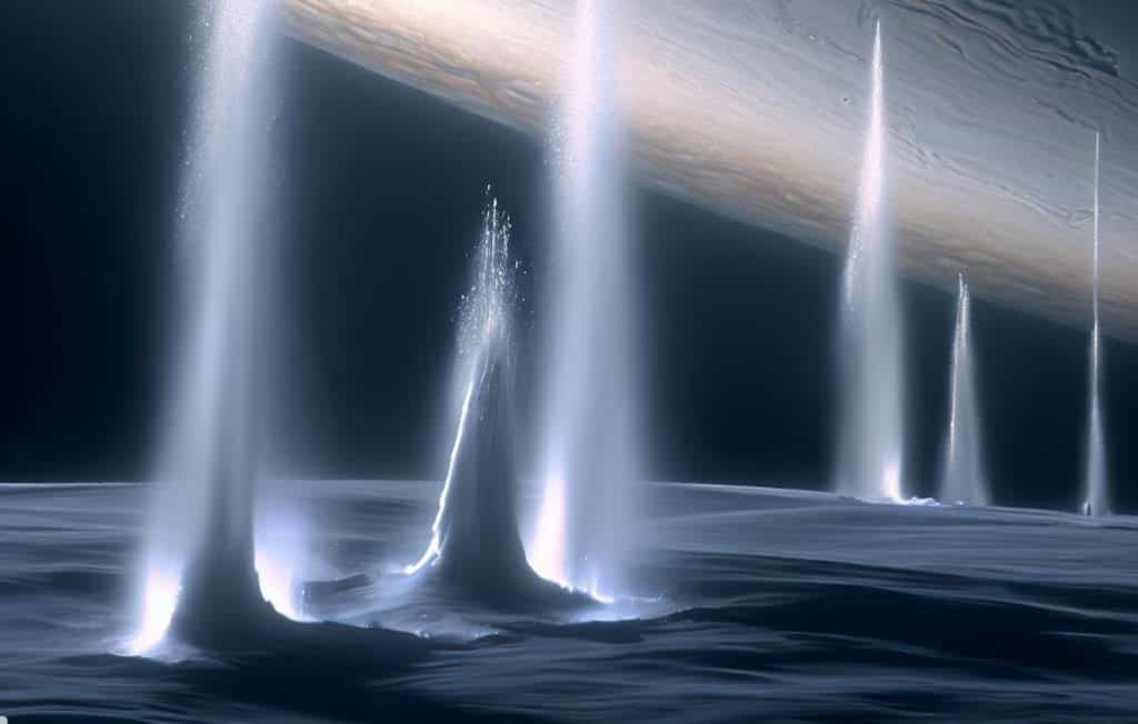 Des geysers jaillissent des fissures à la surface d'Encelade, lune de Saturne. Image générée par une IA. © X. Demeersman, Bing Image Creator