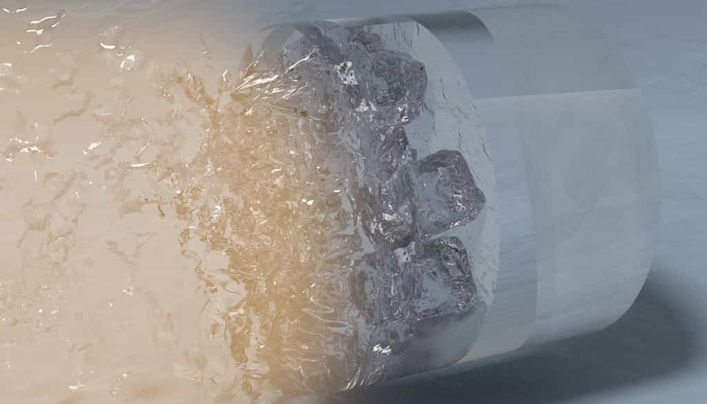 Dans cette vue d'artiste de l'expérience, des faisceaux laser de forte puissance sont concentrés sur la surface d'un diamant, générant une série d'ondes de choc se propageant dans l'ensemble de l'échantillon (de gauche à droite), comprimant et chauffant simultanément l'échantillon d'eau initialement liquide, le forçant à geler dans la phase de glace d'eau superionique. © Millot, Coppari, Hamel, Krauss (LLNL) 