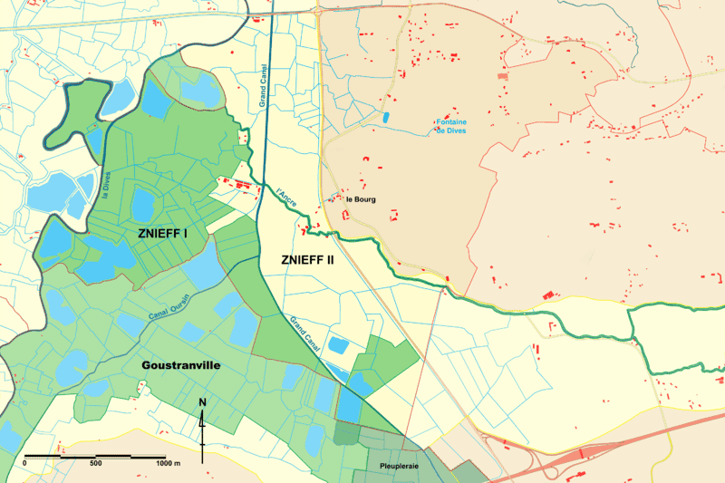 Carte des zones écologiques de Brucourt avec mention des différentes znieff. © Michel d’Auge, Wikimédia CC by-sa 3.0