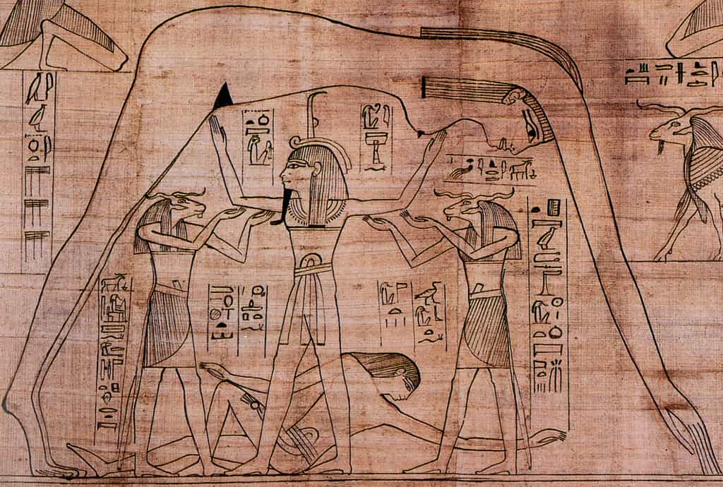 Un détail du papyrus Greenfield représentant les dieux Geb, Nout et Shou. © British Museum