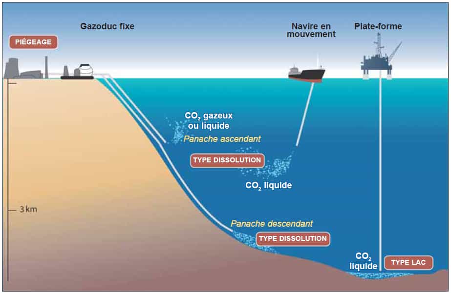Les différentes techniques de stockage du CO2 dans les océans. La technique Droplet plume peut se faire depuis un carboduc terrestre ou depuis un pipe-line remorqué par un navire. © CO2CRC