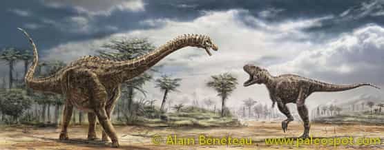 Reconstitution d'une rencontre entre les deux gros dinosaures français de la fin du Crétacé : l'Ampelosaurus et le Tarascosaurus. © Alain Bénéteau