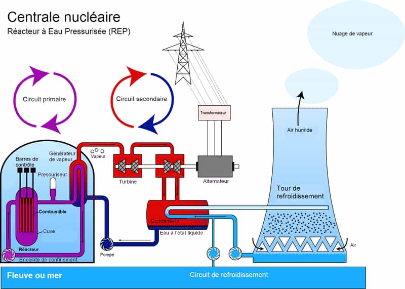 Dans une centrale nucléaire à eau sous pression, c’est l’eau qui joue le rôle de modérateur. © Steffen Kuntoff, Traduction de Enr-v, Wikimedia CC by 1.0