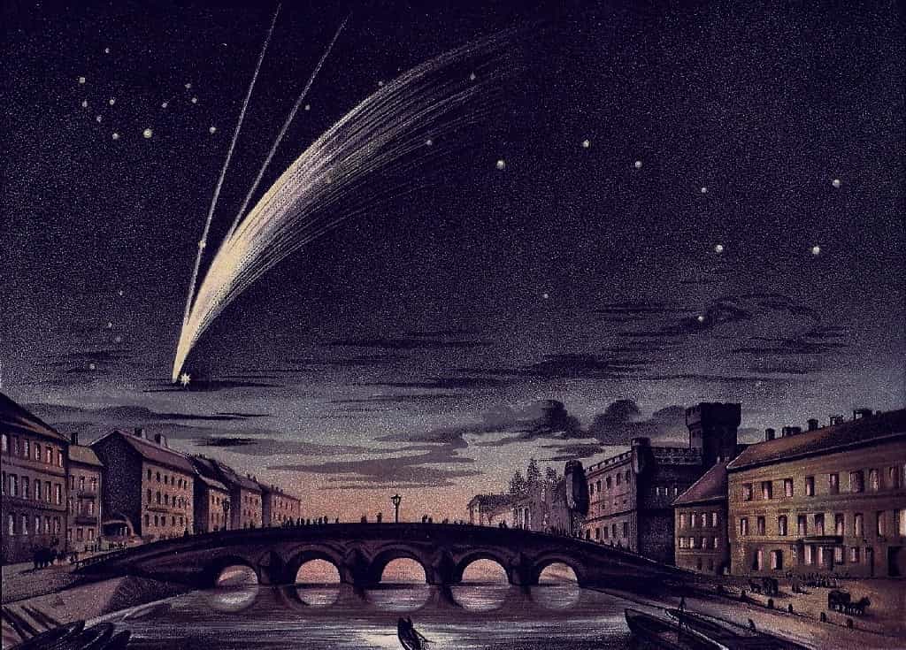 La comète Donati représentée par E. Weiß le 5 octobre 1858 passant à côté de l'étoile Arcturus dans la constellation du Bouvier. 