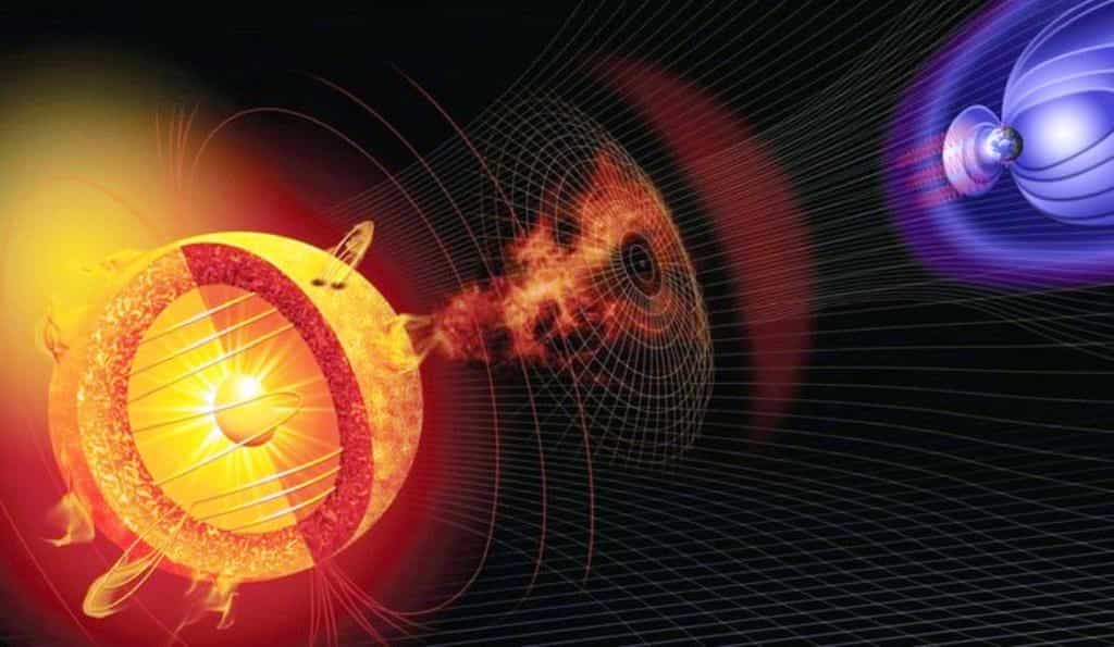 Une image d'artiste montrant une éruption solaire et les lignes de champs magnétiques des magnétosphères de la Terre et du Soleil dans lesquelles se propagent les électrons tueurs. © Nasa