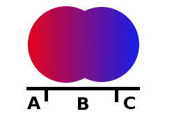 Schématisation de deux espèces parapatriques (A et C). Leurs aires de répartition s’interpénètrent et des hybrides (B) apparaissent, mais l’isolement écologique maintient la différence génétique entre A et C. © Alun/Wobble, Wikimedia domaine public