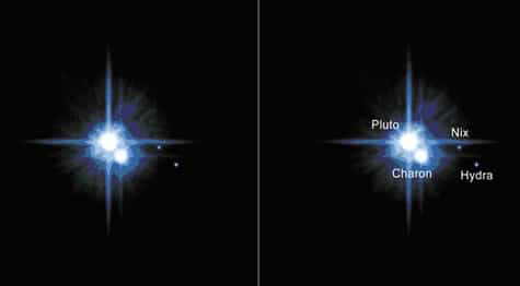 Le système de Pluton avec ses trois lunes, Charon, la plus proche, Nix et Hydra, la plus éloignée
(Crédits : NASA / STScI)