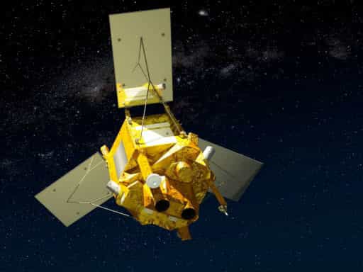 Vue d'artiste du satellite Spot-6 avec, au premier plan, les deux télescopes de 200 mm pour assurer un champ de 60 km. © Astrium