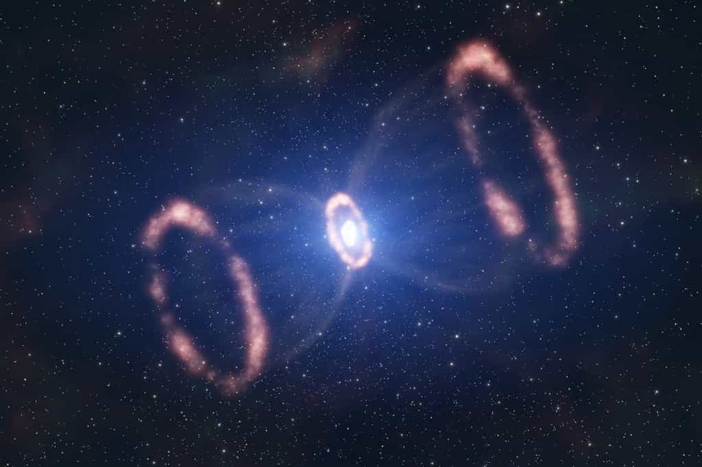 Cette vue d'artiste montre comment est distribuée la matière éjectée par la supernova SN 1987a, à partir des informations fournies par le spectrographe Sinfoni.&nbsp;©&nbsp;L. Calçada, ESO