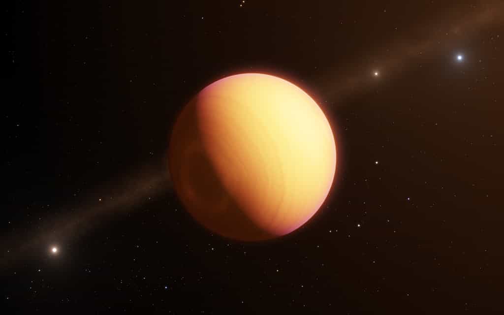 L’instrument Gravity, qui équipe l’Interféromètre du Very Large Telescope (VLTI) de l’ESO, a effectué la première observation directe d’une exoplanète au moyen de l’interférométrie optique. Cette technique a révélé l’existence d’une atmosphère exoplanétaire complexe, composée de nuages de fer et de silicates emportés dans une tempête à l’échelle planétaire. Cette technique offre des possibilités uniques de caractériser nombre d’exoplanètes connues à ce jour. Sur cette vue d’artiste, figure l’exoplanète observée, baptisée HR8799e. © ESO/L. Calçada