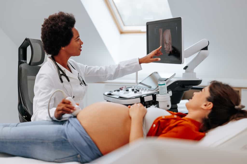 Une amniocentèse, pour établir le caryotype du fœtus. © Bernardbodo, Adobe Stock