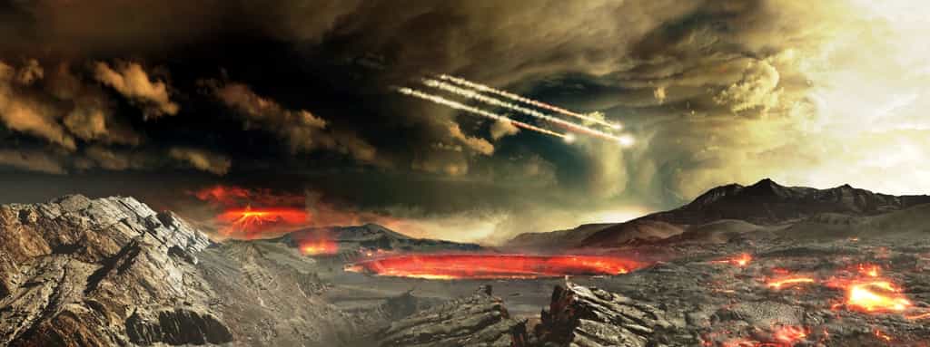 Une vue d'artiste de la Terre pendant l'Hadéen, il y a plus de 4 milliards d'années, alors que le bombardement des comètes et des météorites était très intense. © NASAs Goddard Space Flight Center, Conceptual Image Lab