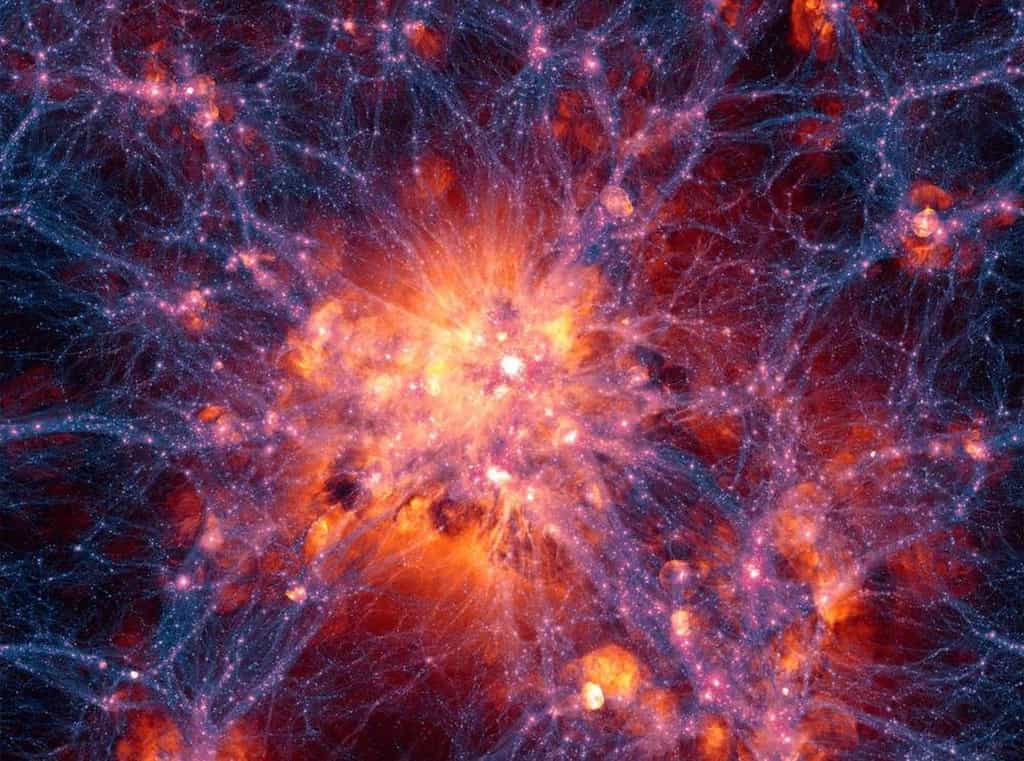 Projection à grande échelle centrée sur l’amas de galaxies le plus massif dans la simulation Illustris. Elle montre la distribution de la matière noire en filaments (bleu, violet et pourpre), laquelle interagit gravitationnellement avec la matière ordinaire et favorise la formation des amas de galaxies. Les enveloppes de gaz teintées de rouge, rose ou orange sont principalement créées par l’explosion de supernovae ou les jets des trous noirs supermassifs. © Illustris Collaboration