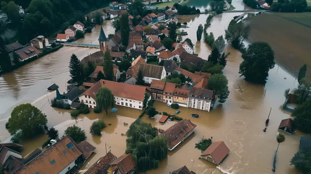 Illustration d'un village inondé. © MariКа, Adobe Stock