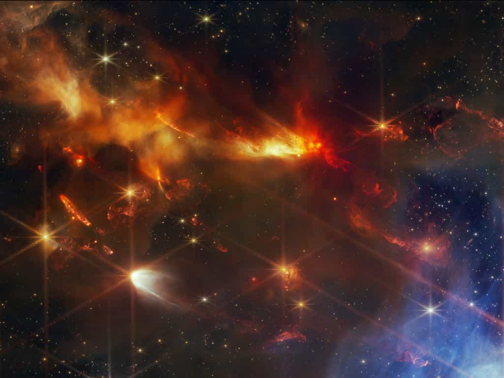 Cette image du télescope spatial James-Webb de la Nasa, ESA, CSA montre une partie de la nébuleuse du Serpent, où les astronomes ont découvert un groupement de jets protostellaires alignés. Ces jets sont représentés par des traînées brillantes et agglutinées qui apparaissent en rouge, qui sont des ondes de choc du jet frappant le gaz et la poussière environnants. Ici, la couleur rouge représente la présence d'hydrogène moléculaire et de monoxyde de carbone.En général, ces objets ont une orientation variée au sein d'une même région. Ici, cependant, ils sont tous inclinés dans la même direction, au même degré, comme la neige qui tombe pendant une tempête. Les chercheurs affirment que la découverte de ces objets alignés, rendue possible uniquement par la résolution spatiale et la sensibilité exceptionnelles de Webb aux longueurs d'onde proches de l'infrarouge, fournit des informations sur les principes fondamentaux de la naissance des étoiles. © Nasa, ESA, CSA, STScI, K. Pontoppidan (NASA’s Jet Propulsion Laboratory), J. Green (Space Telescope Science Institute)