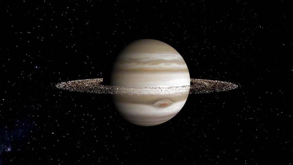 Représentation artistique de Jupiter avec des anneaux qui rivalisent avec ceux de Saturne. © Stephen Kane, UCR