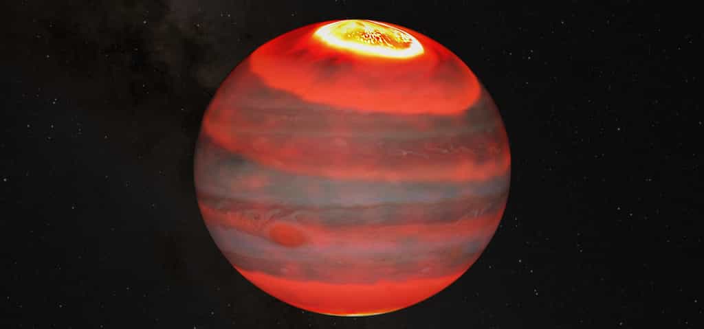 Une vue d'artiste des ondes de chaleurs issues des pôles de Jupiter en direction de son équateur. © J. O'Donoghue (Jaxa)/Hubble/Nasa/ESA/A. Simon/J. Schmidt