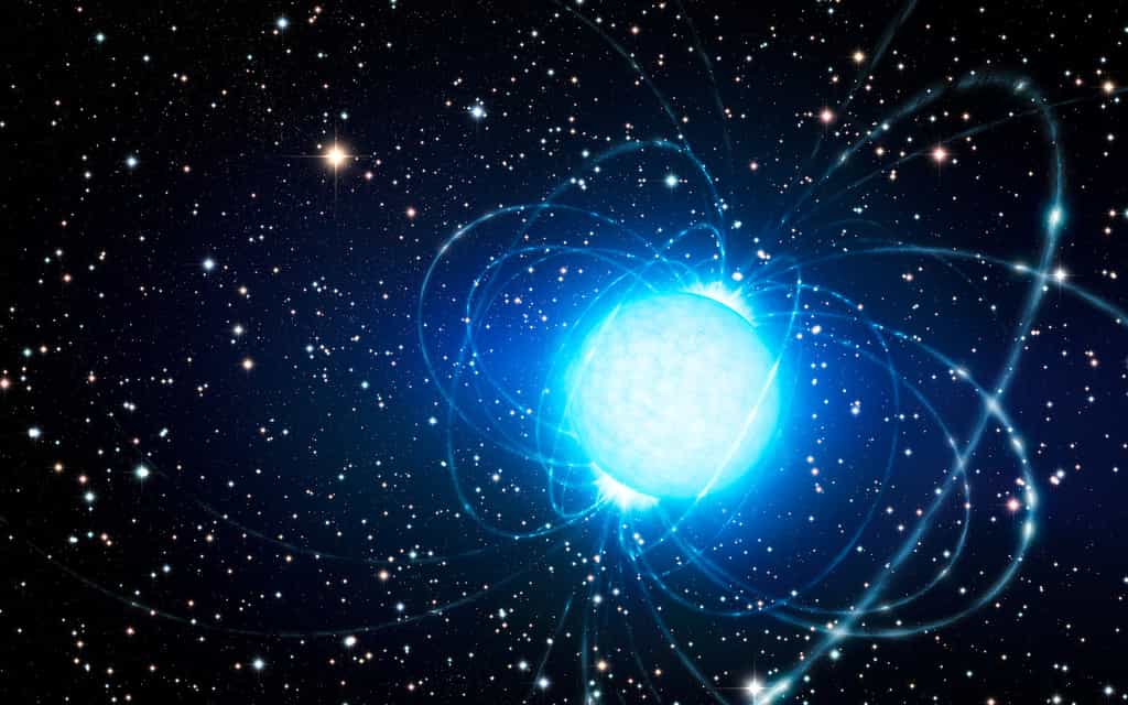 Une vue d'artiste d'un pulsar avec ses lignes de champ magnétique. © ESO, L. Calçada