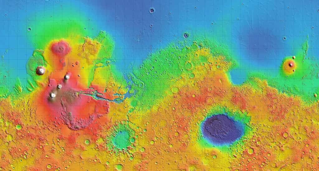 Une carte de la topographie de Mars. Du bleu au blanc, l'altitude va de -8 à +16 km. © Nasa