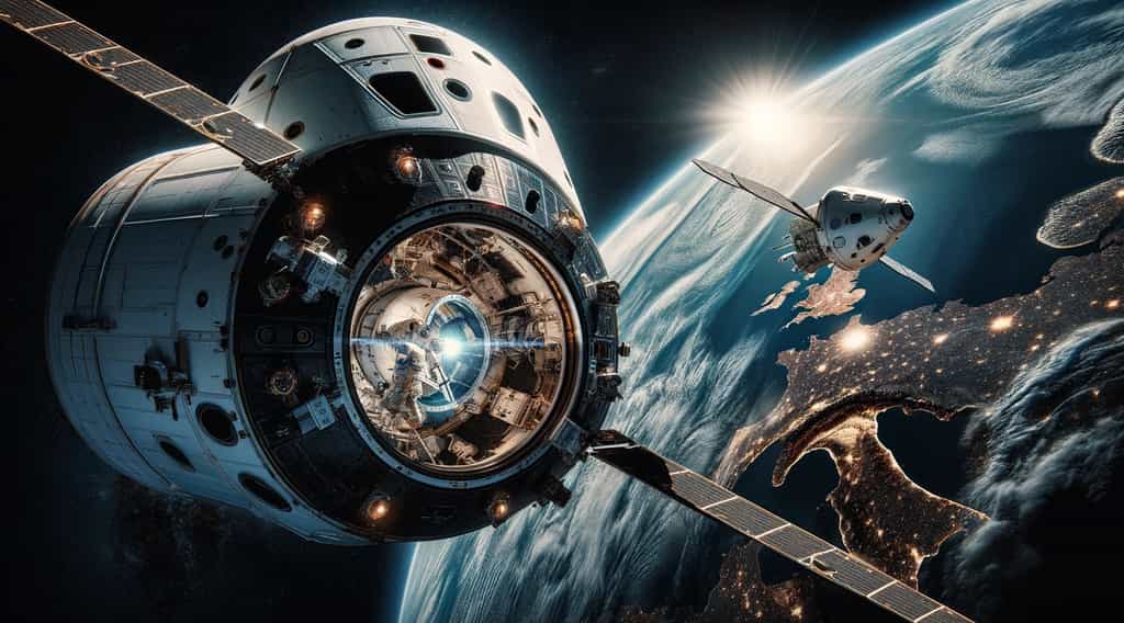 Illustration d'une mission spatiale en orbite terrestre. © XD, Futura avec DALL-E
