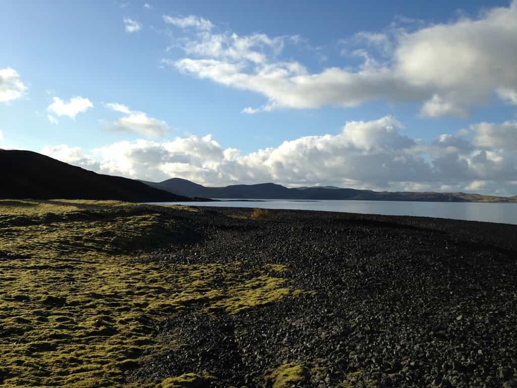 Un paysage d'Islande avec des mousses en bordure d'un rivage. Il donne une idée de l'aspect de la Terre quand les plantes ont commencé à coloniser les continents. © Ria Mitchell, cc by sa 4.0