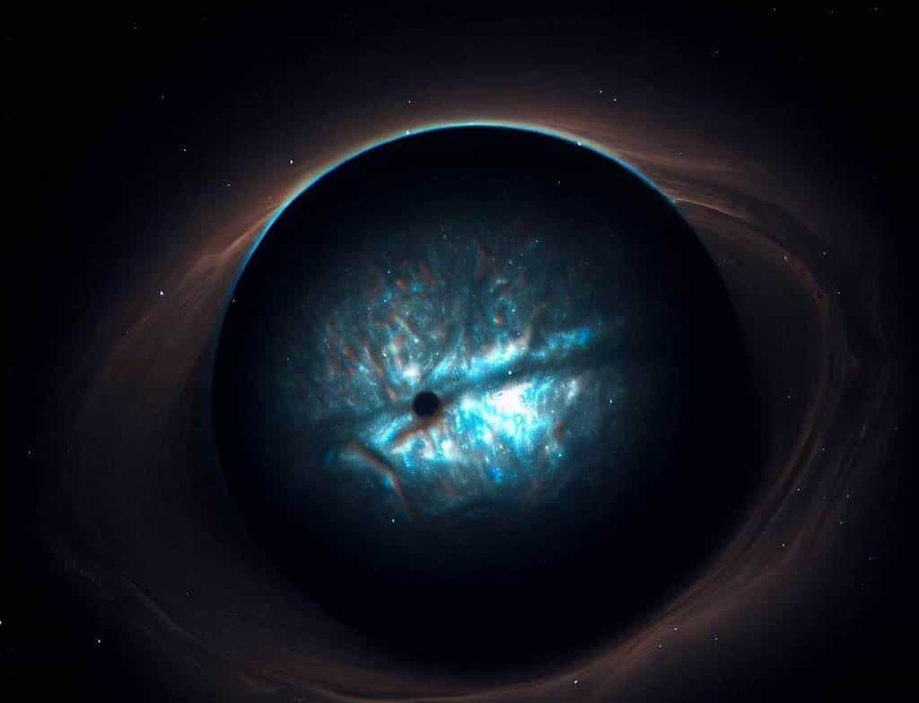 Une vue d'artiste de Neptune et sa tache sombre. © DALL·E