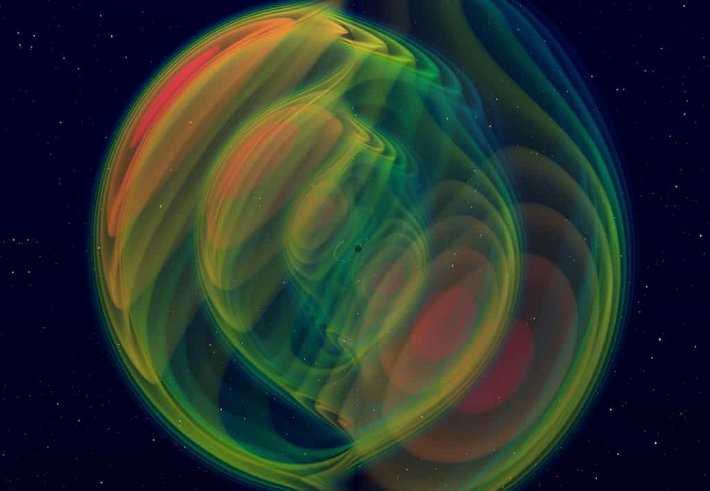 Une image extraite de la simulation numérique d'une fusion binaire de trous noirs à l'origine de la source d'ondes gravitationnelle GW190412 avec des masses asymétriques et une précession orbitale. © N. Fischer, H. Pfeiffer, A. Buonanno (Max Planck Institute for Gravitational Physics), Simulating eXtreme Spacetimes (SXS) Collaboration