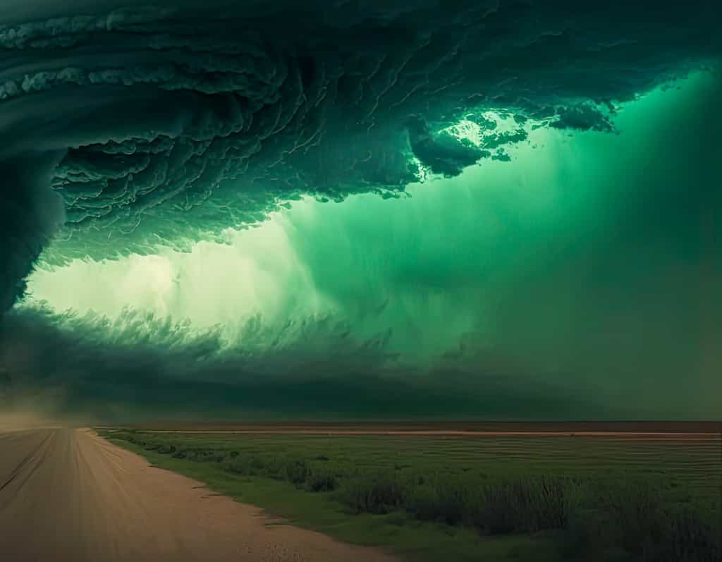 Les orages verts sont connus pour être responsables de phénomènes météo violents : grêle géante, inondations, foudre intense. © Sunshower Shots, Adobe Stock