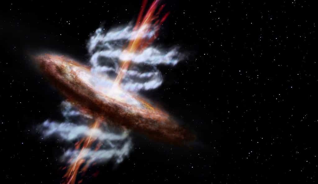 Vue d'artiste d'une galaxie active. Les jets sont l’œuvre du trou noir central. La mission L3 de l’Esa veut observer directement des ondulations du tissu de l’espace-temps générées par des objets de forte gravité, comme prédit par Einstein. © Esa, AOES Medialab
