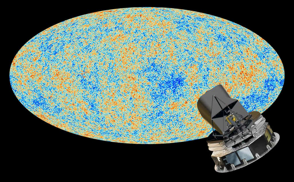 Une carte des fluctuations de température du rayonnement fossile en fausses couleurs dressée avec les données du satellite Planck dont on voit une représentation d'artiste en bas à droite. © ESA