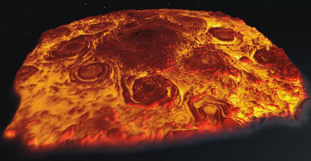 Sur cette image en 3D, les cyclones dans la région du pôle nord de Jupiter tels que montrés par le Jovian Infrared Auroral Mapper (JIRAM) de la mission Juno (Nasa). © Nasa, JPL-Caltech, SwRI, ASI, INAF, Jiram