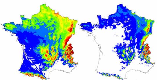 Modification de l’aire de répartition du hêtre en France entre aujourd’hui (à gauche) et 2100 (à droite) suite aux variations climatiques engendrées par le réchauffement. © Inra