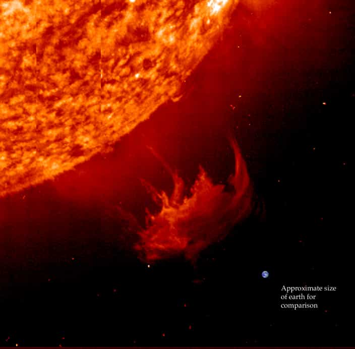 La surface du Soleil est à une température suffisante pour vaporiser les roches de la Terre. On voit sur cette image une éruption solaire avec la Terre et sa taille représentée en bas à droite. © SOHO-EIT Consortium, Esa, Nasa
