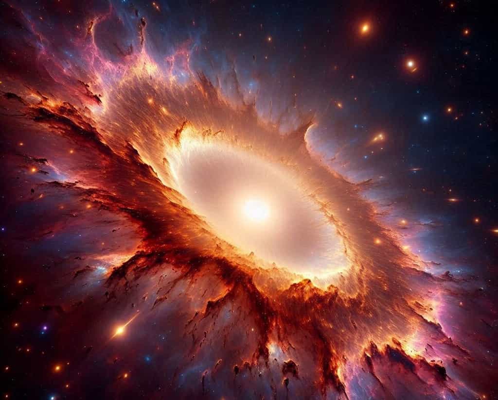Une vue du disque d'accrétion d'un quasar par une IA. © IA BING Designer Microsoft Corporation   