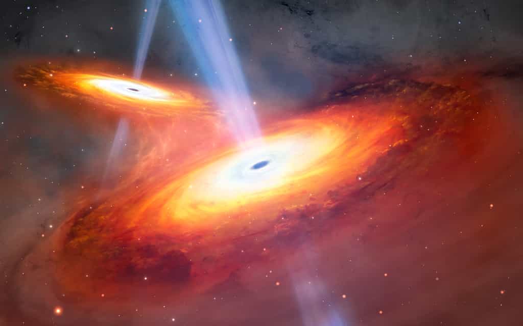 Cette illustration montre deux quasars en train de fusionner. À l'aide du télescope Gemini Nord, une moitié de l'Observatoire international Gemini, financé en partie par la National Science Foundation américaine et exploité par le NSF NOIRLab, et du télescope Subaru, une équipe d'astronomes a découvert une paire de quasars en fusion observée seulement 900 millions d'années après le Big Bang. Il s'agit non seulement de la paire de quasars en fusion la plus éloignée jamais découverte, mais aussi de la première paire confirmée trouvée dans la période de l'Univers connue sous le nom d'Aube cosmique. © Observatoire international Gemini, NOIRLab, NSF, AURA, M. Garlick