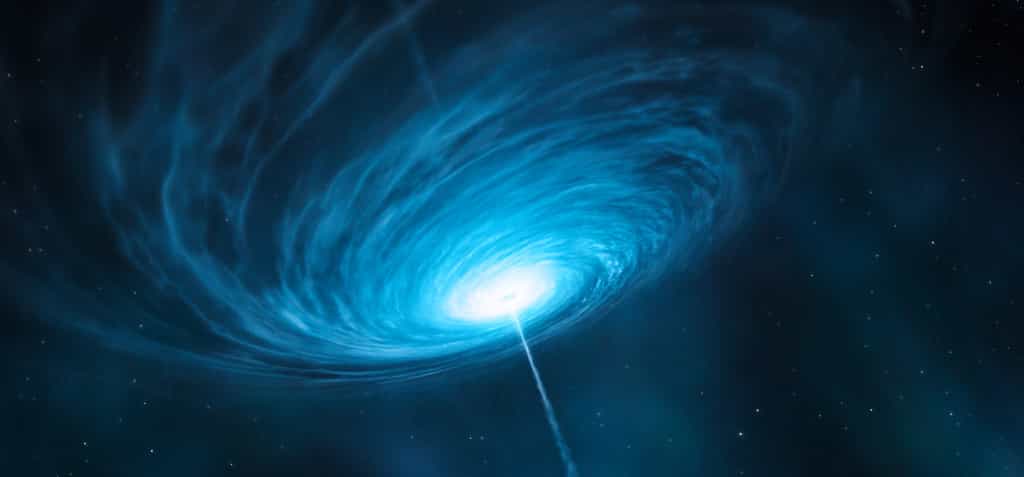 Une vue d'artiste d'une galaxie avec un quasar d'où émergent des jets de matière et de rayonnement. © ESO, M. Kornmesser