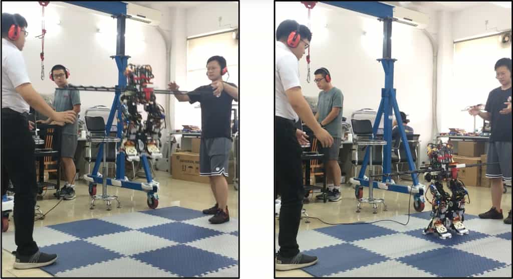 Le robot humanoïde Jet-HR2 parvient à décoller grâce à des soufflantes placées à sa taille et dans ses pieds. © Université de technologie du Guangdong