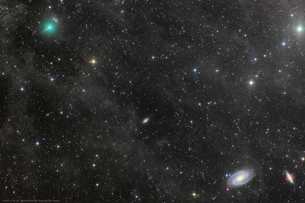 Superbe portrait de la comète Atlas passant en lisière des deux galaxies M81 et M82 le 18 mars. Photo prise au Nouveau-Mexique par l'astrophotographe Rolando Ligustri. © Rolando Ligustri, APOD