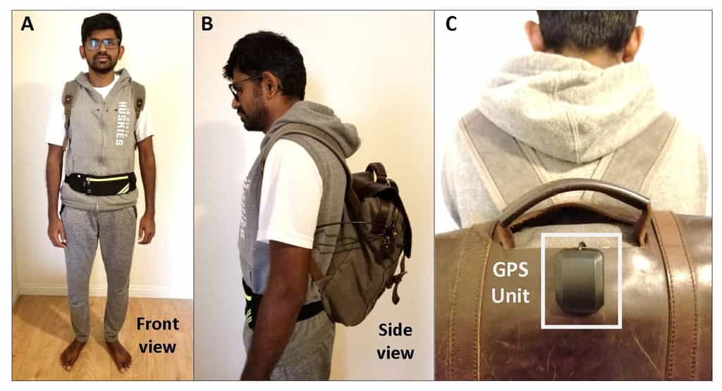 Un système composé d’un sac à dos, un sac banane et une caméra permet de guider les malvoyants. © Université de Géorgie