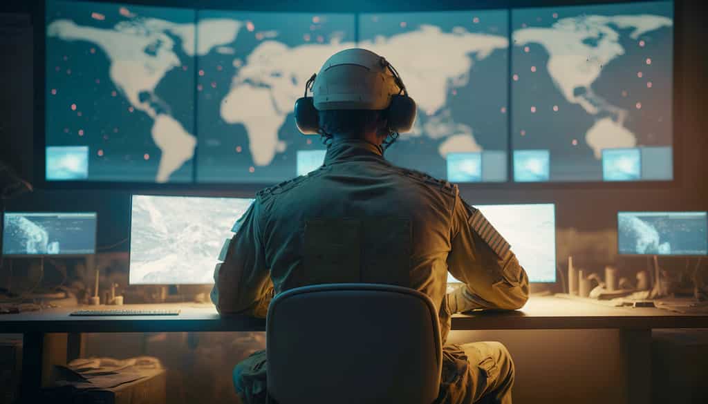 L'exercice militaire AsterX 2023 a démontré l'importance des infrastructures satellites dans les opérations au sol. « War room », image générée par une IA. © BPawesome, Adobe Stock